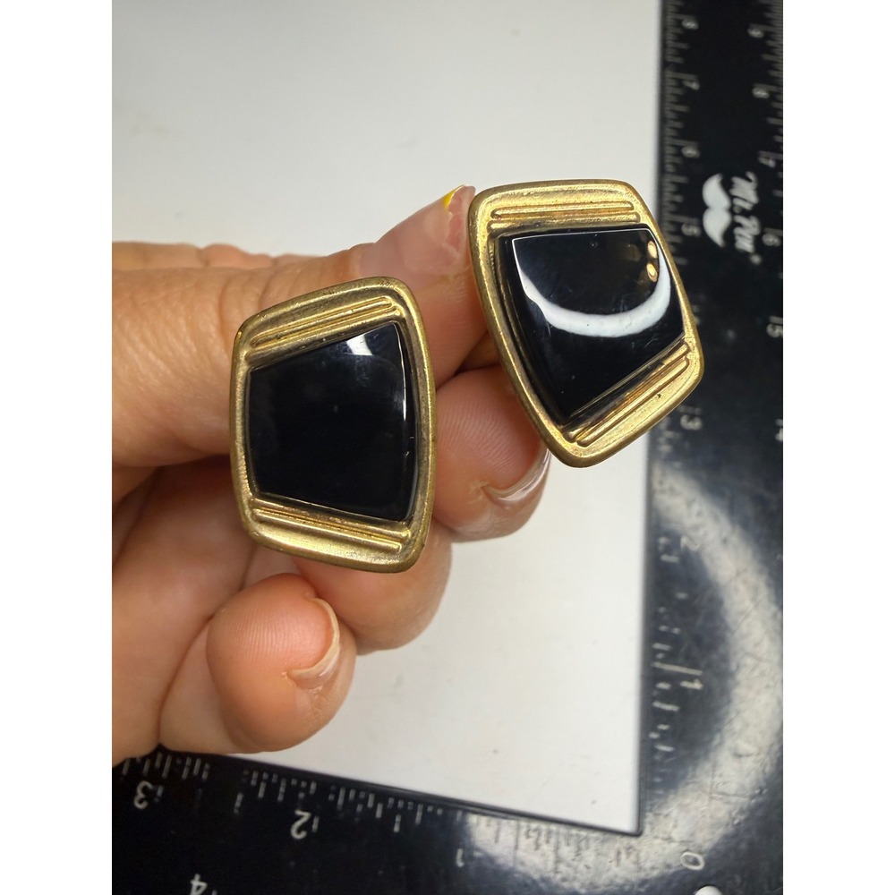 Vintage Gold Tone Black Onyx Inlay Trapezoid Cufflinks Mid Century Formal Wear